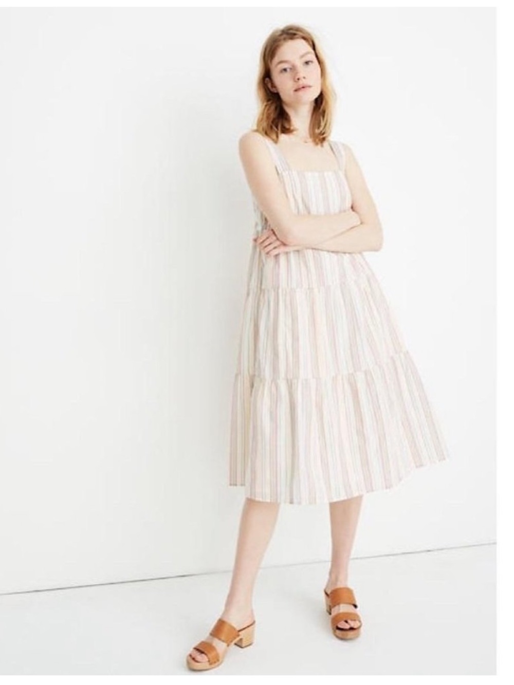 Madewell Button-Back Tiered Dress in Rainbow Stripe Size 2